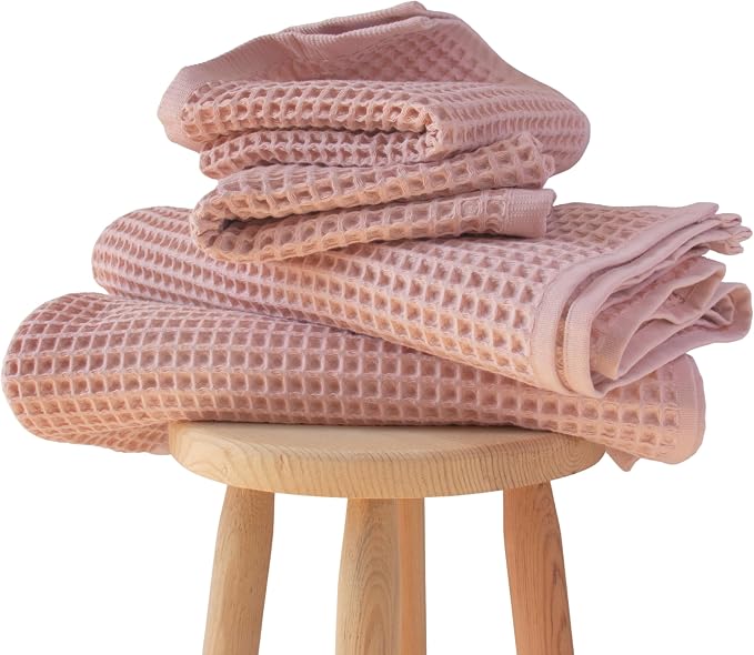 PÜSKÜL 4-Piece Natural 100% Turkish Cotton Luxury Waffle Towels for Bathroom | Premium Quality Honeycomb Weave 2 Hand Towel & 2 Bath Towel Set | Soft Absorbent Quick-Dry Lightweight Towels (Pink)