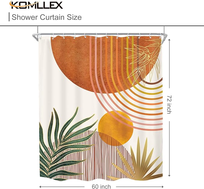 KOMLLEX Mid Century Orange Boho Shower Curtain 60Wx72L Inches Abstract Modern Shower Curtains for Bathroom Decor Plant Botanical Minimalist Arch Sun Fabric Liner Waterproof Polyester 12 Pack Hooks