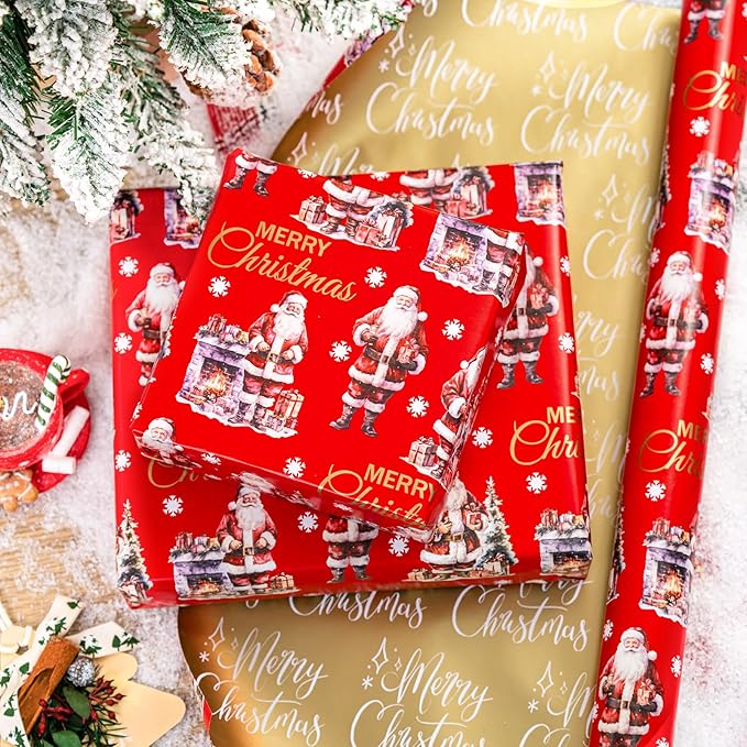 MAYPLUSS Christmas Wrapping Paper Roll - 17IN X 33FT - Red Gift Wrapping Paper Featuring Santa Claus Fireplace Against Red Reversible Merry Christmas for Kids, Holiday, New Year