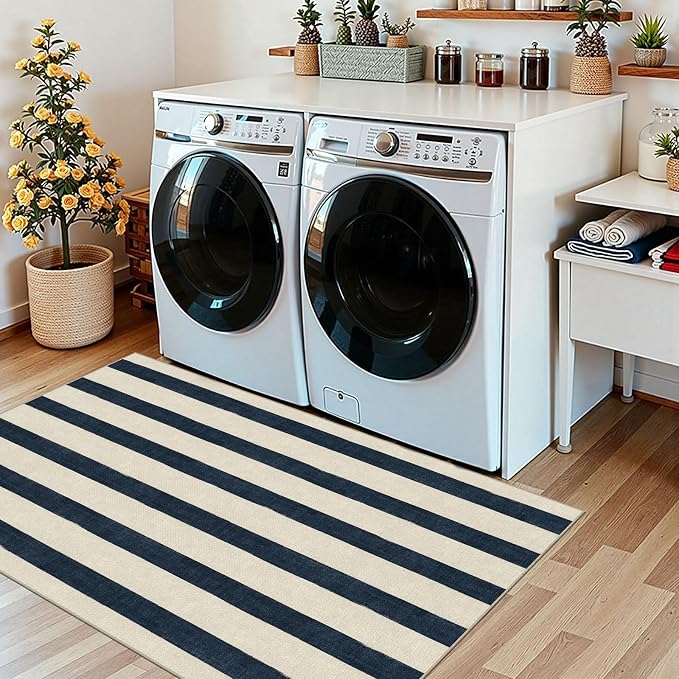 Blue and White Striped Entry Rug - 3x5 Ft Washable Indoor Outdoor Front Door Mat Outside Entrance Front Porch Mat Non-Slip Floor Carpet for Bedroom Entryway Kitchen Office Porch Decor