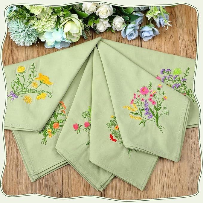 Tioncy 12 Pcs Christmas Floral Cloth Napkins Decorations Bulk Embroidered Wildflower Dinner Napkins Tea Cocktail Party Gifts Xmas Stocking Stuffers for Holiday Table Decor (Sage Green)