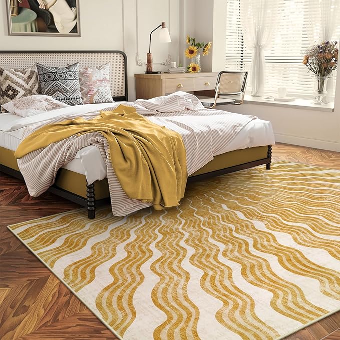 Hedlive Boho Machine Washable Rug 6x9, Sun Print Soft 6x9 Nursery Rug for Bedroom Classroom, Ultra-Thin Non Slip Kids Large Carpet for Living Room Playroom Office(6'x9',Gold/Multi)
