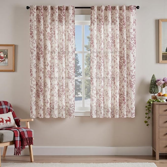 jinchan Linen Blend Curtain Floral Curtains for Living Room 63 Inch Length Christmas Brick Red Printed Curtain Rod Pocket Back Tab Farmhouse Peony Flower Patterned Drapes Curtains Set 2 Panels