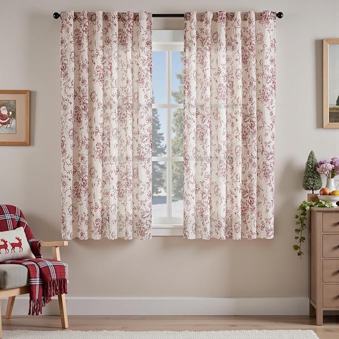 jinchan Linen Blend Curtain Floral Curtains for Living Room 45 Inch Length Christmas Brick Red Printed Curtain Rod Pocket Back Tab Farmhouse Peony Flower Patterned Drapes Curtains Set 2 Panels