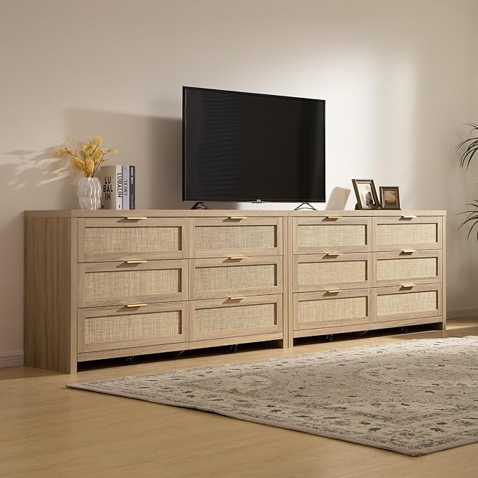 SICOTAS Rattan Dressers for Bedroom Set 2, Large 6 Drawer Dresser Long Chest of Drawers, Dresser Farmhouse TV Stand for Bedroom, Living Room, Closet (Reclaimed Light Oak, 2 Pieces)