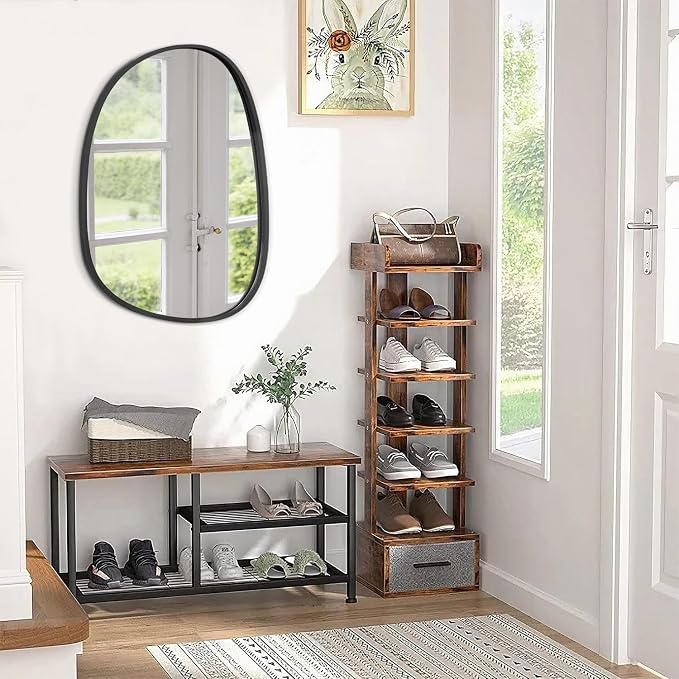 Asymmetrical Decorative Black Mirror for Wall Large Modern Oval Wooden Framed Wall Mirror Unique Shape Wall Mounted Vanity Artistic Wavy Mirror for Living Room Bedroom Bathroom Entryway 26"x18"