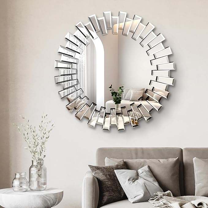 QDSSDECO Round Mirror Sunburst Wall Mirror 24" Beveled Edge Frameless for Living Room Bathroom Bedroom Entryway Decor