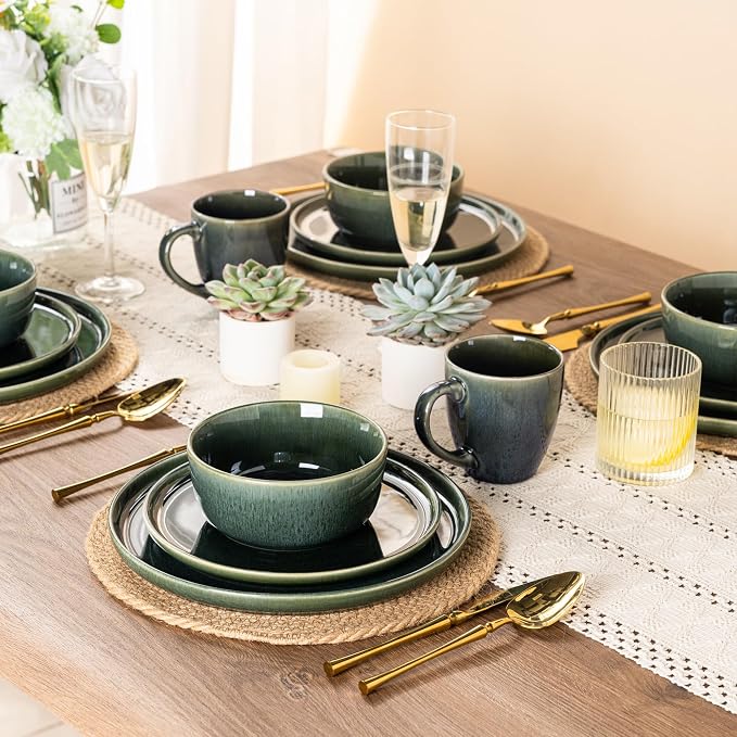 GBHOME Ceramic Dinnerware Sets for 4, 12 Pieces Stoneware Plates and Bowls Sets, Scratch Resistant Dishes, Dishwasher & Microwave Safe, Reactive Glaze-Earth Green