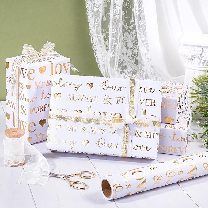 RUSPEPA Wrapping Paper Roll, Bridal Shower Gift Wrap, Mini Roll, 17 Inches x 16.5 Feet, White and Gold Foil LOVE Design for Wedding, Anniversary, Engagement