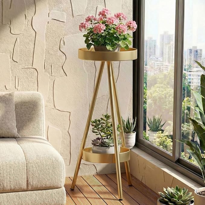 2 Tier Tall Plant Stand Indoor, 31.5" Gold Metal Modern Corner Flower Holder with Round Trays,Heavy Duty for Small Space, Bedroom & Balcony
