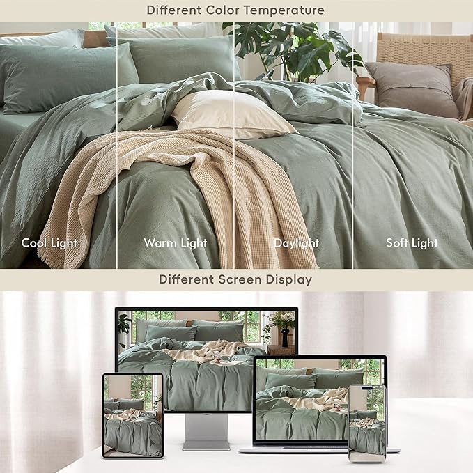 MooMee Bedding Duvet Cover Set 100% Washed Cotton Linen Like Textured Breathable Durable Soft Comfy (Heathered Green, Oversized Full 82"x86")