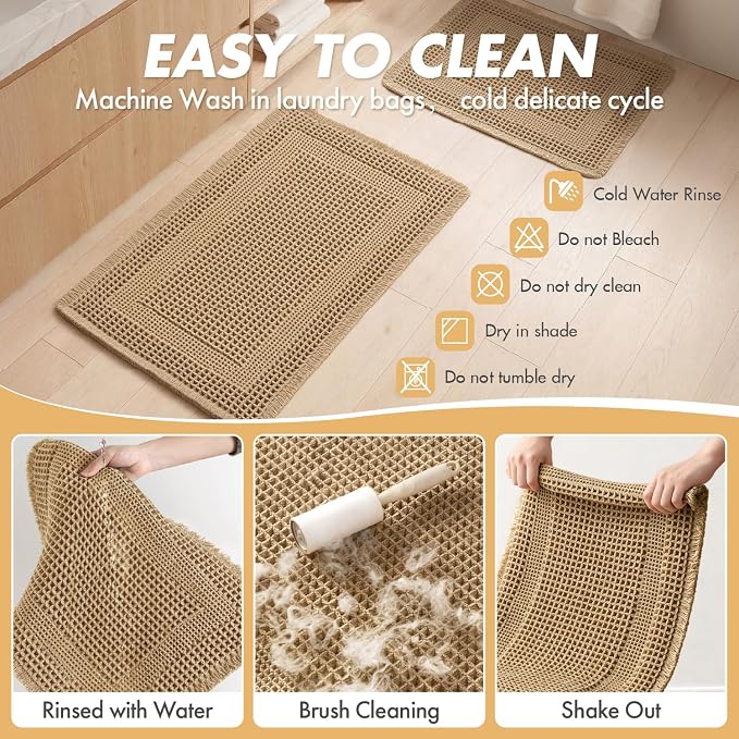 MIULEE Set of 2 Waffle Bathroom Rugs, Boho Bath Rug Super Absorbent, Non Slip Washable Ultra Soft Rubber Backed Shower Bath Mats for Floor, Tub, Shower, Looped Design, Brown, 24x36 Inch