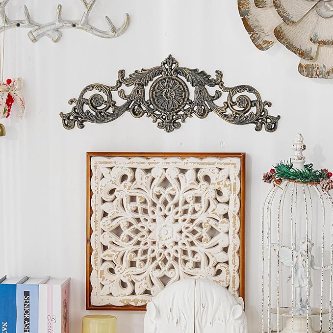 Sungmor Antique Style Cast Iron Wall Decor - Ornate Scroll and Floral Design Metal Plaque for Home or Garden Décor - Fireplace Mantel, Furniture Decorative Accent - 17.5 Inch & Rustic Gold Finish