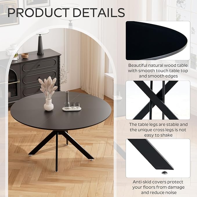 RGZ Mid Century Black Round Dining Table Set for 6, 47" Large Wooden Circle Kitchen Table & 6 Light Gray PU Leather Kitchen Chairs, Dinner Table Set for Home, Apartment, Dining Room