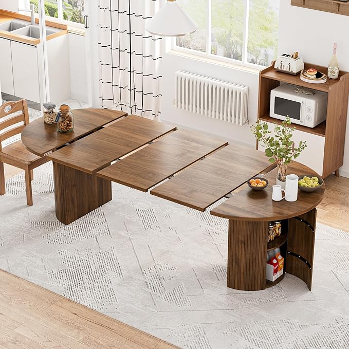 43-95 inch Long Round Extendable Dining Table for 4-10, Space Saving Oval Large Dinner Kitchen Table with 3 Leaf, 2 Storage, Fluted Mid Century Modern Dining Room Table for Living Room, Brown