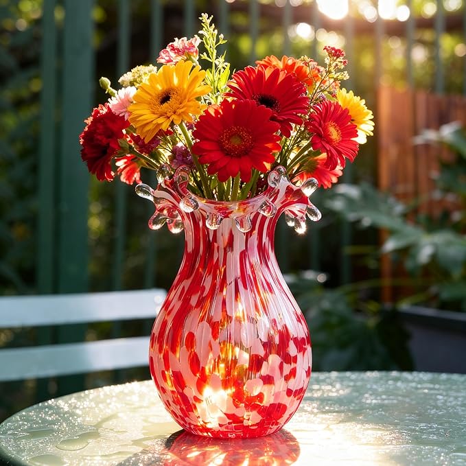 QFkris Hand Blown Glass Vase for Flowers, 8 Inch Red Crystal Bubble Flower Vases for Bouquet Home Decor Decorative Centerpieces, Unique for Mom, Valentine's Day Gift for Her Lover