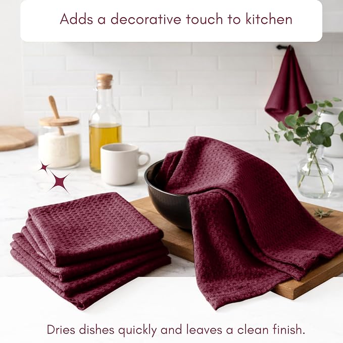 TWINY threads Kitchen Towels Set of 6, 100% Cotton Waffle Weave Easter Dish Towels, Soft Tea Towels with Hanging Loop, Washable Bar Towels for Table Cleaning, Dinning, Parties- 16"X 26"-Burgundy Wine