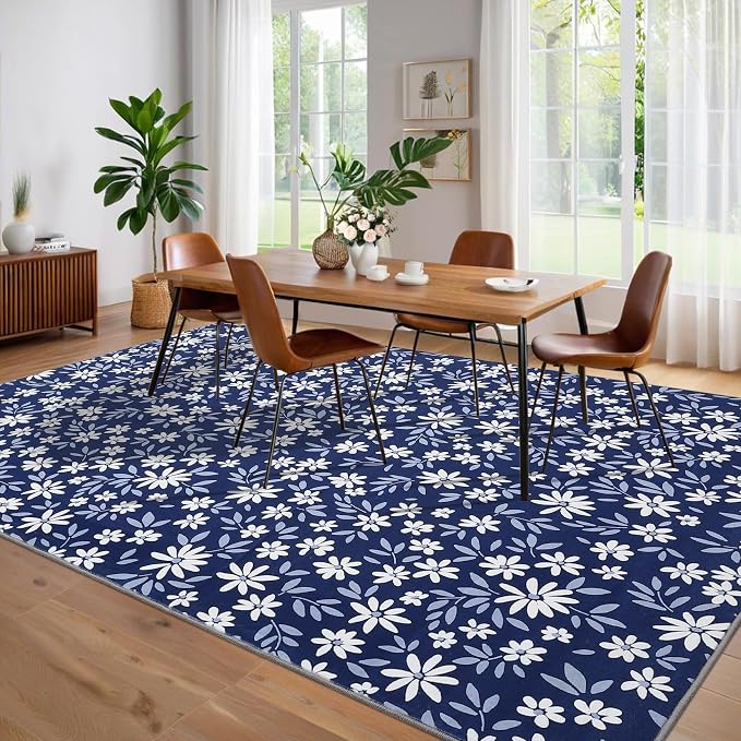 Washable 8x10 Rug Modern Floral Area Rug for Living Room Low Pile Soft Bedroom Indoor Carpet Modern Solid Large Rugs Non Slip Thin Foldable Floral Carpet Mat for Nursery Dining Room, Navy