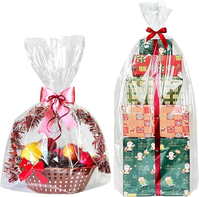 SYOGUA Large Clear Cellophane Bags, 3 Mil Thick 30" x 40" Jumbo Gift Baskets Bags, Crystal Clear Cellophane Wrap Big Plastic Christmas Gift Bags for Packaging 10 Pack