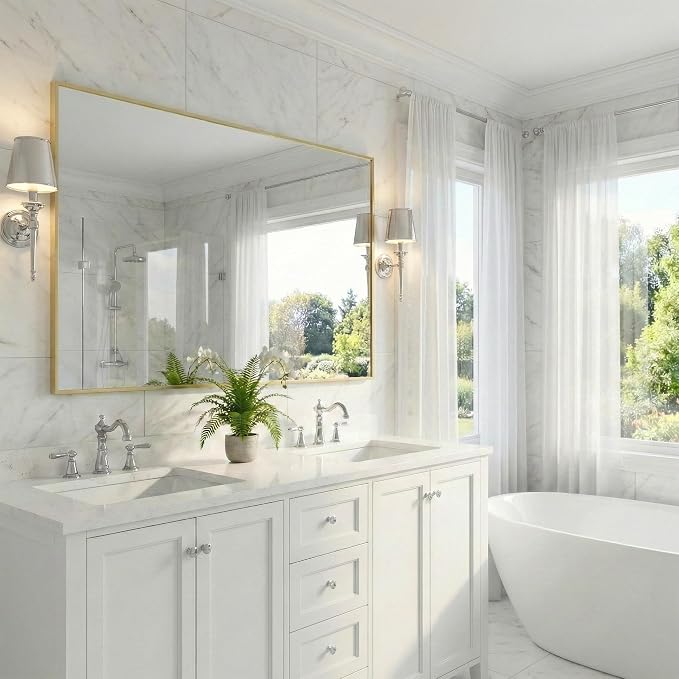 55"x30" Gold Landscape Bathroom Mirror for Double Vanity, Shatterproof Tempered Glass, Narrow Metal Frame, Ultra-Flush Wall-Mounted