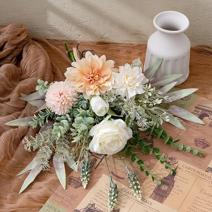 Fake Flowers in Vase, Artificial Flowers with Vase, 15.7'' Floral Arrangements for Dining Table Centerpiece Decor, Silk Roses & Faux Dahlia Bouquet for Farmfouse Kitchen Coffee Table Decor (Champagne)