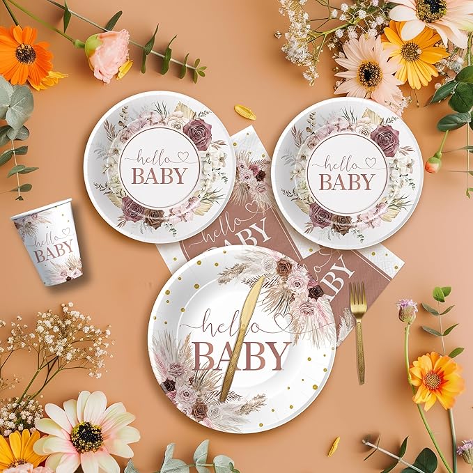Boho Baby Shower Decorations Party Tableware - Boho Floral Pampas Grass Baby Girl Decorations, Paper Plate, Napkin, Cup, Disposable Cutlery | 24 Guests