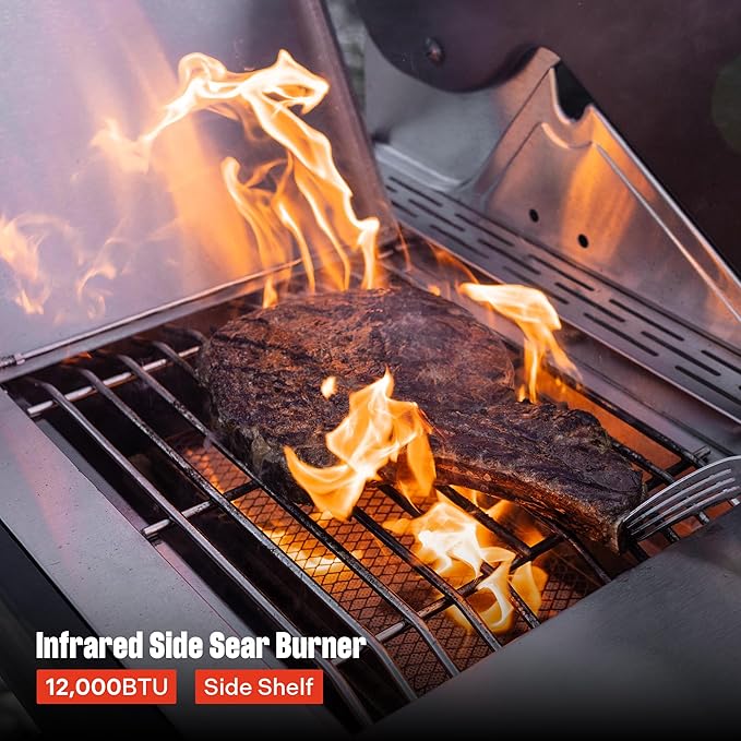 Monument Grills 4+2 Burner 700 sq.in. Large Cabinet Style Stainless Steel Propane Gas Grill with a Clearview® Lid, an Infrared Side Sear Burner & a Side Burner, and a Built-In Thermometer