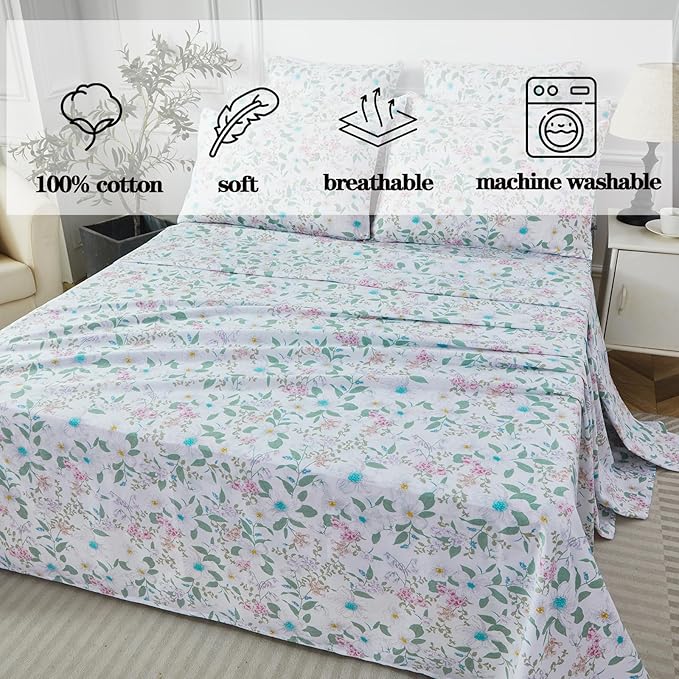 FADFAY King Size Sheets Set 100% Cotton Vintage Floral Shabby Flowers & Leaves Pattern Farmhouse Bedding Set Deep Pocket Sheets with 2 Pillowcases Breathable Soft 4Pcs, King