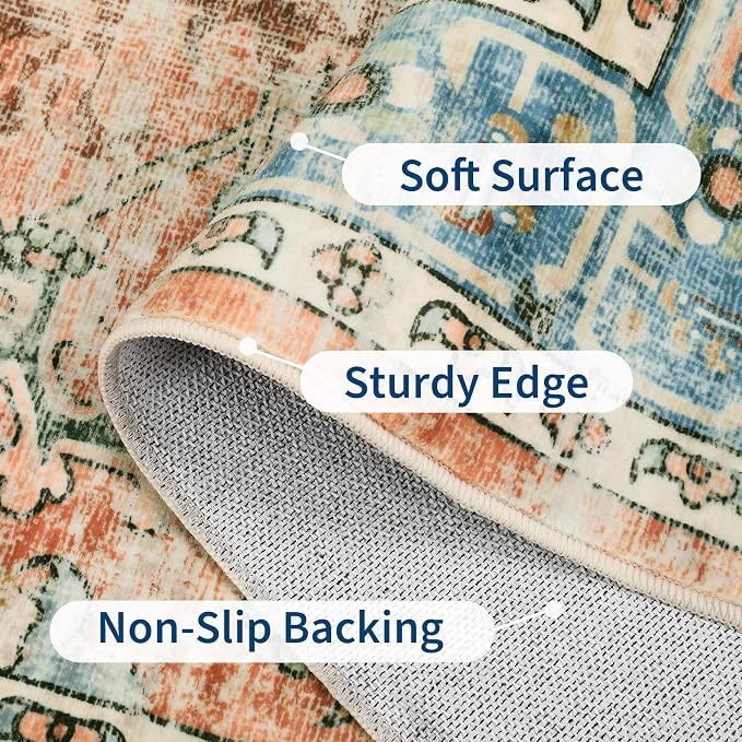 Washable 5x7 Small Area Rug Boho Vintage Medal Print Carpet Non Slip Office Rugs Low Pile Soft Bedroom Carpet Non Shedding Kids Nursery Floor Mats for Kitchen Dining Living Room Brick Red