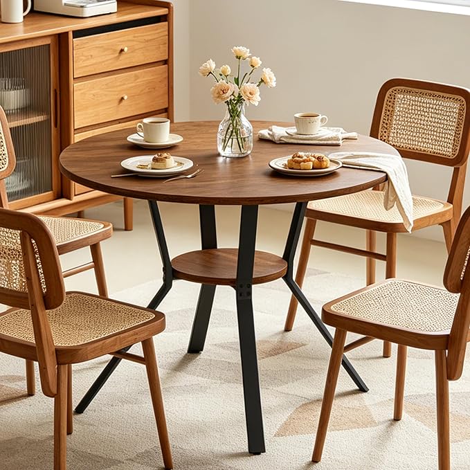 Wildhome Round Dining Table for 2-4, 43 Inch Dining Room Kitchen Table with 1-Tier Storage Shelf, Modern Farmhouse Dinner Furniture with Adjustable feet,Oval Circle (43in-Walnut)