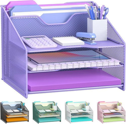 Samstar Desk File Organizer - Purple Mesh Letter Holder with 3 Trays & 2 Upright Sections for Office Supplies