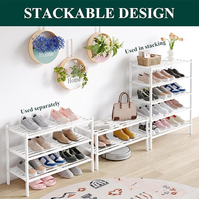 Smiry Bamboo Shoe Rack 5-Tier, Stackable Wooden Shoe Organizer for Entryway & Closet, Free Standing Wood Shoe Storage Shelf for Front Door & Small Spaces, White