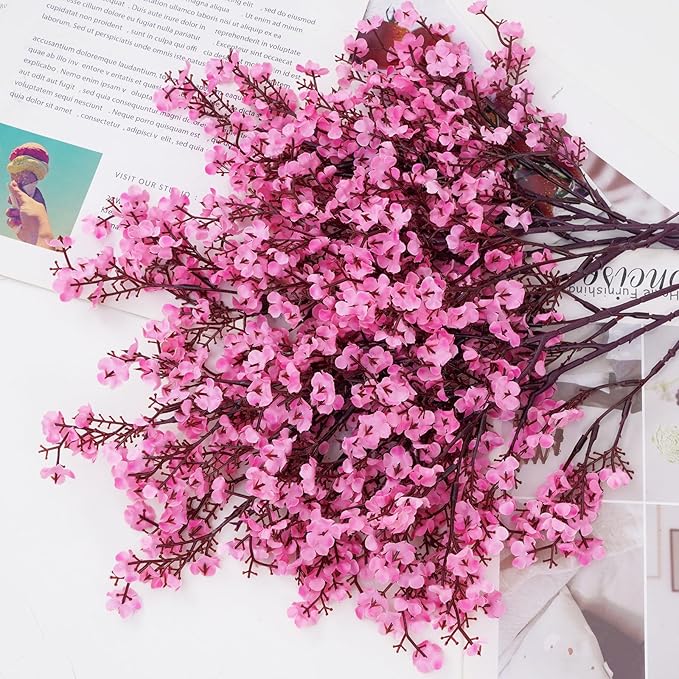 Yastouay Pink Artificial Babys Breath Flowers, 10 Pcs Real Touch Silk Faux Flowers for Decorations, Spring & Summer Floral Arrangement
