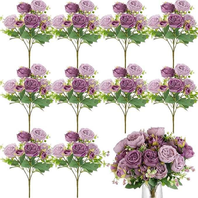 Olgaa 12 Bundles Peonies Artificial Flowers Artificial Peonies Silk Flowers Bulk Fake Peony Bouquet for Bridal Shower Decorations Wedding Table Centerpiece (Purple)