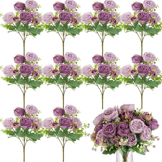 Olgaa 12 Bundles Peonies Artificial Flowers Artificial Peonies Silk Flowers Bulk Fake Peony Bouquet for Bridal Shower Decorations Wedding Table Centerpiece (Purple)