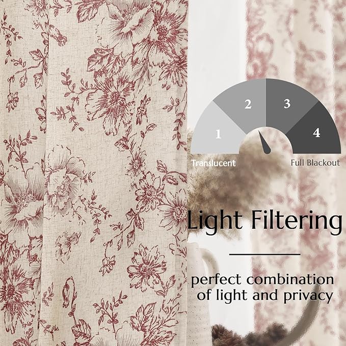 jinchan Lined Linen Blend Curtain Floral Curtains for Living Room 108 Inches Long Christmas Red Peony Flower Printed Curtain Rod Pocket Back Tab Farmhouse Patterned Drapes Curtains Set 2 Panels