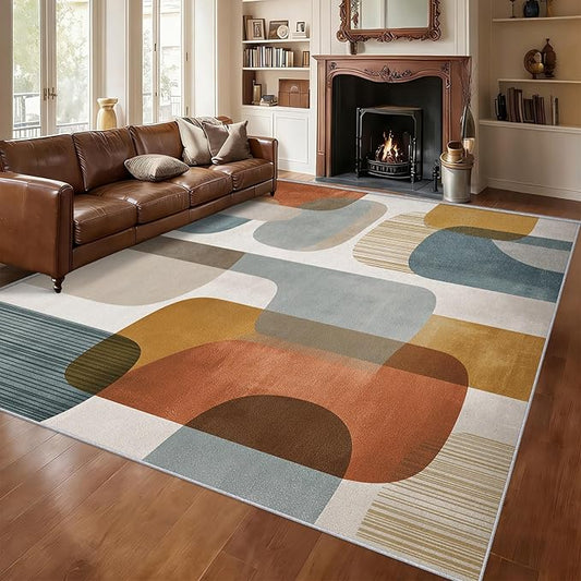 8x10 Mid Century Geometric Rugs for Bedroom Decor, Washable Mid Century Modern Pattern Area Rug, Living Room Home Decoration, Non Slip Soft Thin, Modern Abstract Decor Large Carpet PF-P 117