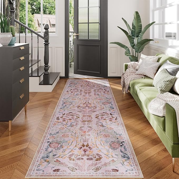 AMTOVO 2.7x8 Runner Rug for Hallway, Washable Non-Slip Long Kitchen Carpet, Floral Vintage Distressed Floor Mat for Hallways Entryway Living Room Laundry Room Bathroom Farmhouse, Pink