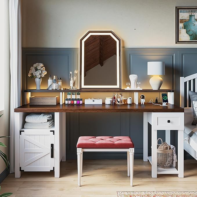 EnHomee Computer Desk with Drawers,23" D Home Office Desk with Storage,Wooden Desk with Monitor Stand,Farmhouse Desk with Printer Space and Power Outlets for Studio,Work, Study,Writing&Gaming,White