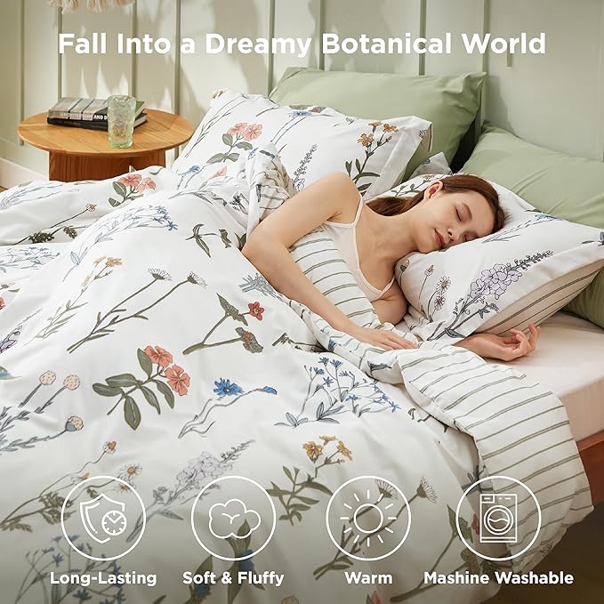Bedsure Twin/Twin XL Comforter Set - Twin Extra Long Comforter Set, Cute Floral Dorm Bedding, 2 Pieces, 1 Soft Reversible Coconut White Botanical Flowers Comforter and 1 Pillow Sham