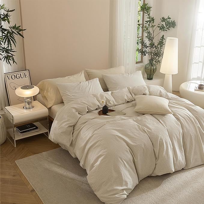 JIYUAN 100% Washed Cotton Striped Duvet Cover Set 3 Pieces Queen, 1 Duvet Cover and 2 Pillowcases(Comforter Not Included),Linen Like Bedding Set Comfy and Breathable,Pinstripes-Heathered Beige White