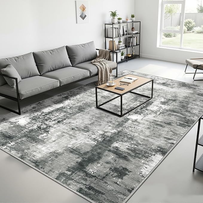 Merelax Washable Area Rugs 8'x10' Grey Abstract Rug for Living Room Bedroom Entryway Nursery, Dining Room and Farmhouse Rug, Non-Slip Modern Indoor Low Pile Soft Floor Carpet, Gray Print Pattern