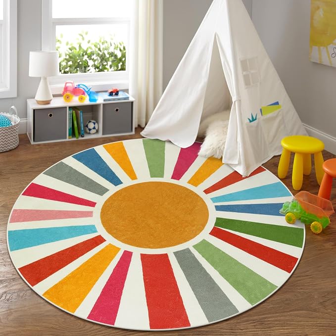 STARUIA Round Boho Rug 6 Ft Washable Round Area Rug for Playroom, Sunshine Circle Rug for Kids Room, Non-Slip Circluar Rainbow Carpet Soft Large Kids Rug for Classroom Dorm Bedroom