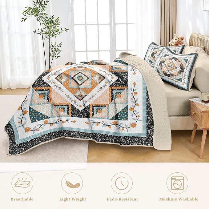 Quilt Set King Size, Farmhouse Floral 3 Pcs Soft Bed Cover Bedding Set, Boho Rustic Geometric Lightweight Bedspread Coverlet with 2 Pillow Sham for All Season