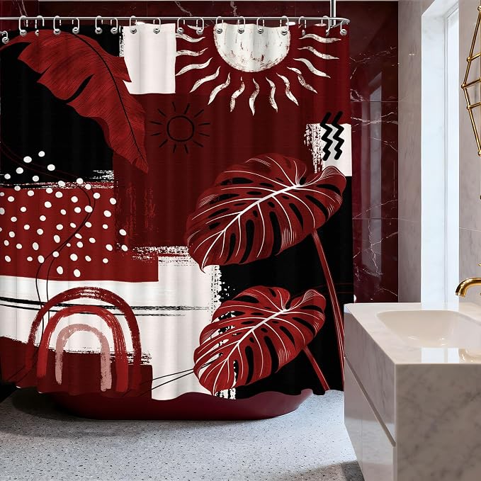 Extra Long Shower Curtain Extra Tall Black and Red XL Burgundy Tropical Leaf Shower Curtains for Large Bathroom Decor Sets, Waterproof Cloth Fabric with Hooks, 108x72 Inch