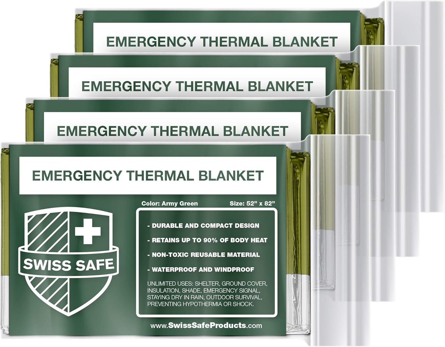 Swiss Safe Mylar Emergency Blankets - Compact & Insulated for Cold Weather | 4-Pack in Army Green