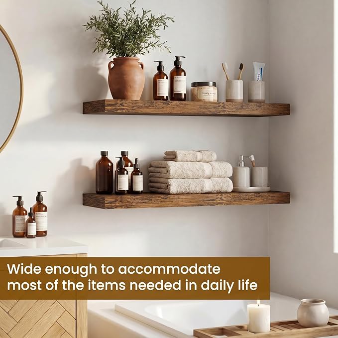 Dreamland Floating Shelves, Rustic Wooden Black Wall Shelves for Bathroom|Bedroom|Kitchen, Deep Wall Mounted Book Shelf, Wood Storage Display Shelf for Home Decor, 22.5" X 6.7" Set of 2