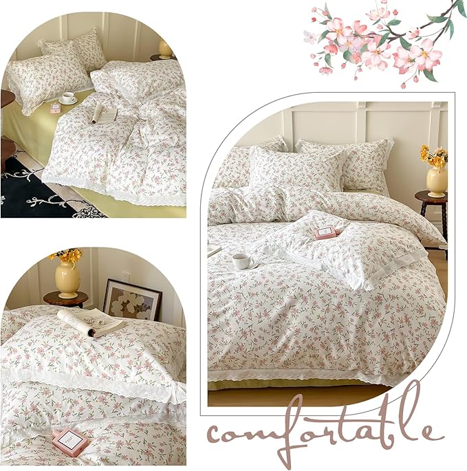 Girls Floral Ruffle Bedding Pink Flower Duvet Cover Queen Romantic Princess Lace Comforter Cover Cotton Boho Floral Duvet Cover Cute Botanical Flower Comforter Cover Ruffled Cottagecore Bedding Set