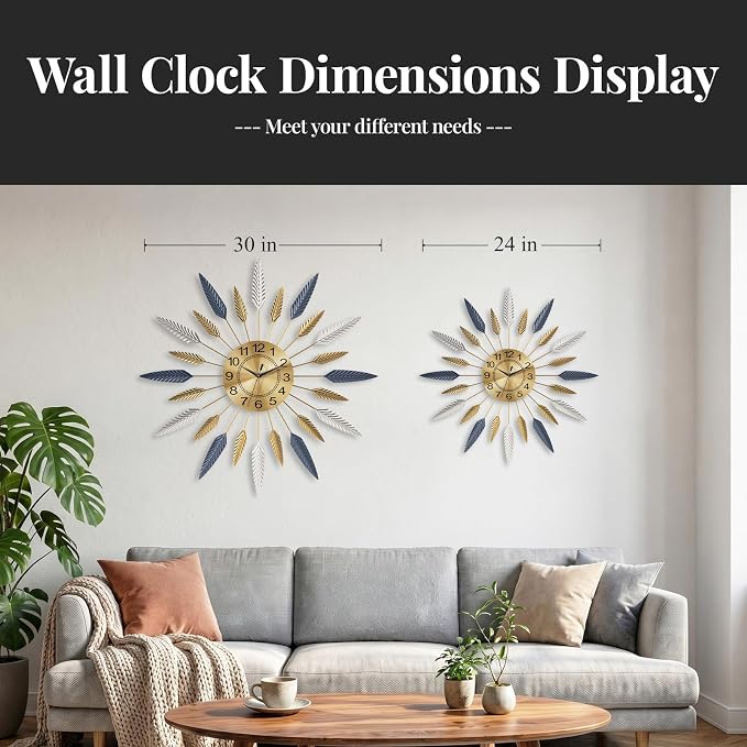 Cuspin 30 Inch Large Wall Clock, Mid Century Modern Silent Non Ticking Battery Operated Sunburst Wall Clock, Decorative Metal Gold Clocks for Living Room, Dining Room, Bedroom, Office