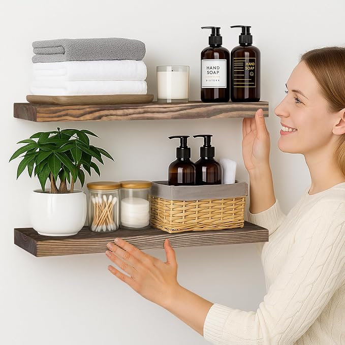BGMG Wood Floating Shelves for Wall 24 inch Set of 2, Rustic Wooden Wall Mount Shelves for Bathroom Living Room Bedroom Kitchen Farmhouse -24x6.7-Dark Walnut